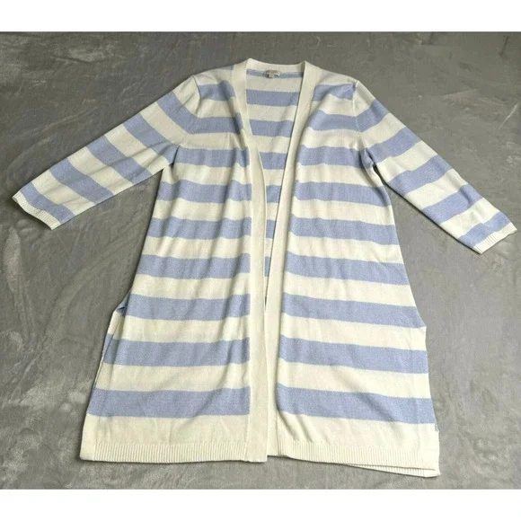 Talbots Sweater Womens MP Petite Blue White Stripe Open Front Longline Cardigan - Picture 1 of 10